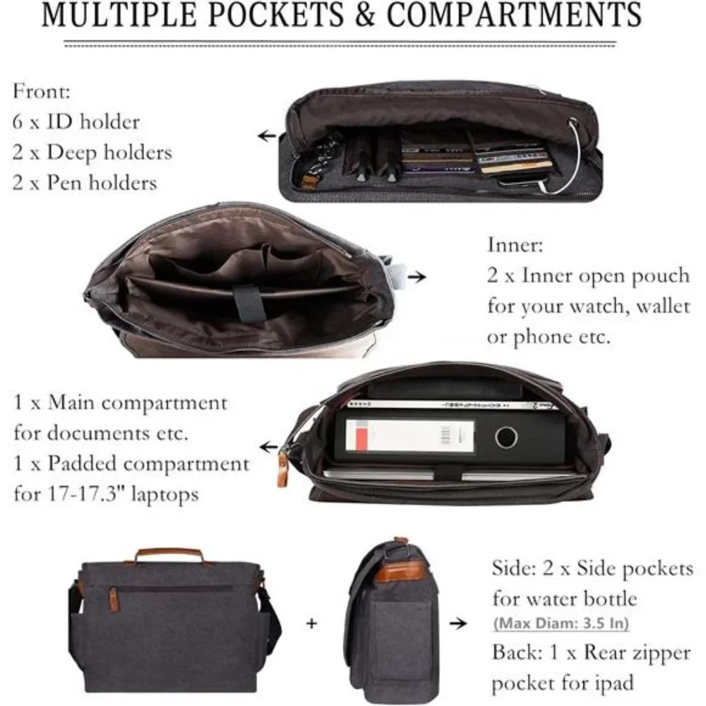 Computer Messenger Bag 17-17.3 Inch Water-resistant Canvas Laptop Shoulder Bag